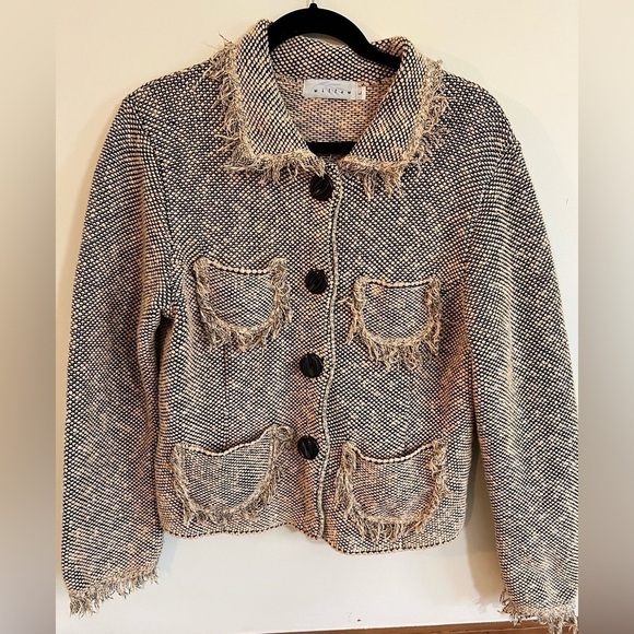 Vintage Willow Black/Cream Button Front Frayed Jacket with Pockets Large - Picture 1 of 9